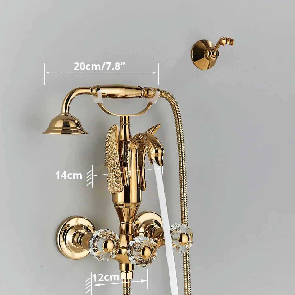 Afralia™ Swan Golden Bathroom Tub Faucet with Crystal Handwheel and Handshower