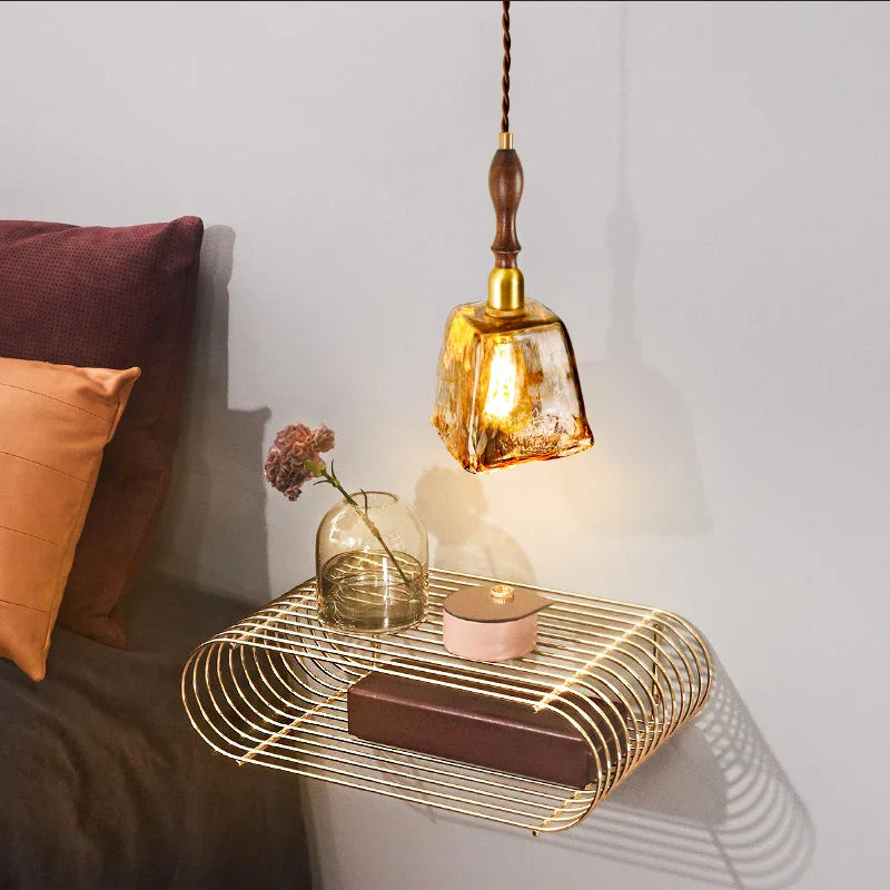 Afralia™ Wood Copper Pendant Lights, Amber Glass Japanese Style Hanging Lamp, Adjustable LED Fixtures