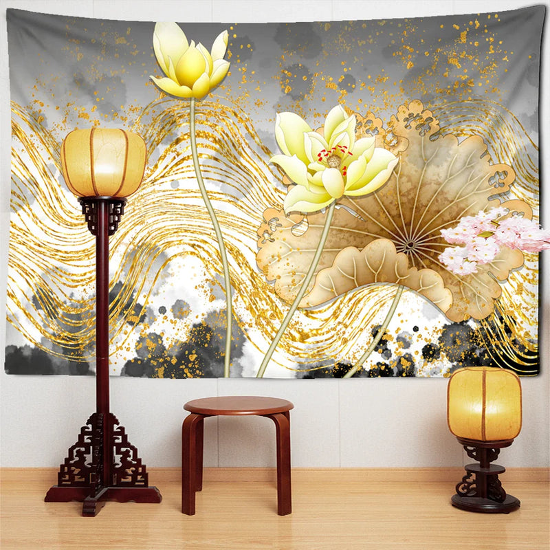 Afralia™ Peach Blossom Birdcage Lotus Tapestry Wall Hanging