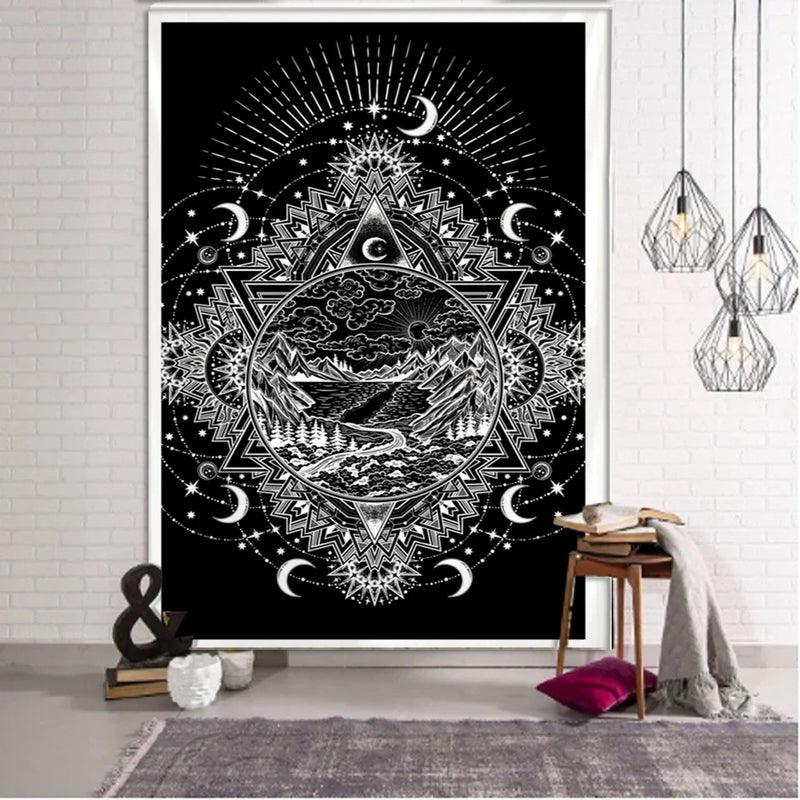 Afralia™ Black & White Tarot Witchcraft Tapestry | Bohemian Hippie Mandala Wall Decor