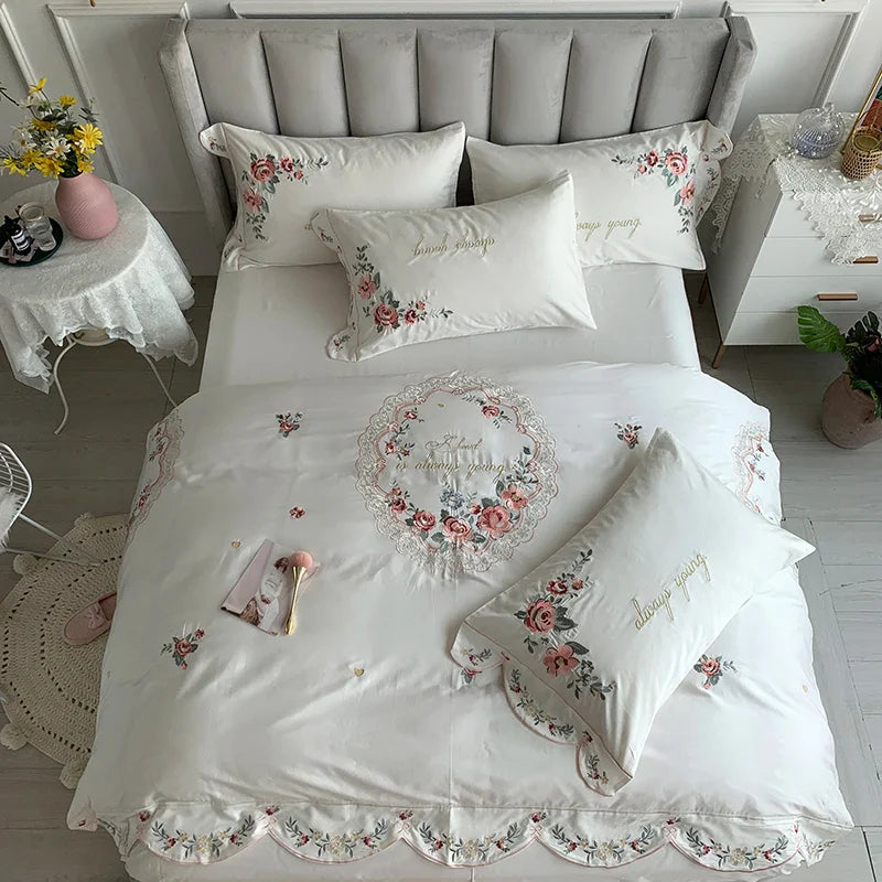 Afralia™ White Embroidered Egyptian Cotton Bedding Set, Pastoral Flowers Theme