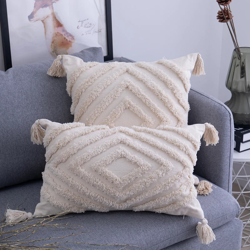 Afralia™ Beige Tassels Cushion Cover, Handmade Square Home Decoration for Living Room