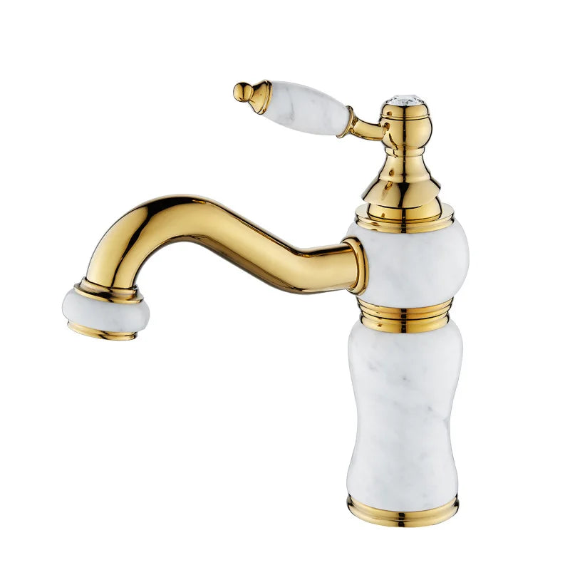 Afralia™ Gold Brass and Marble Bathroom Basin Faucet Cold Hot Water Mixer Sink Tap