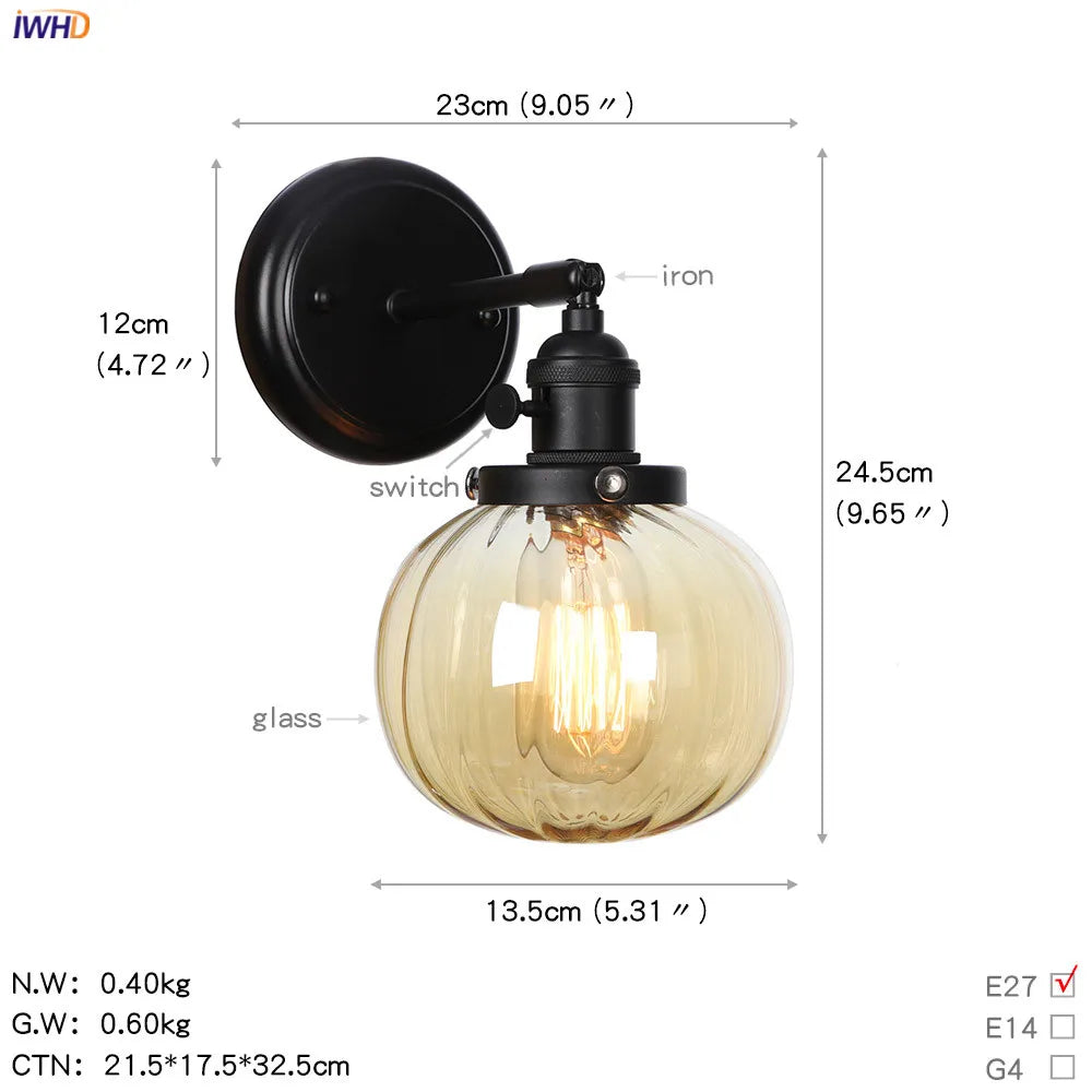 Afralia™ Loft Glass Ball Wall Light Switch Black Wall Sconces - Industrial Decor