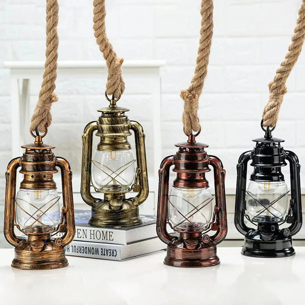 Afralia™ Retro Industrial Hemp Rope Kerosene Pendant Chandelier LED Ceiling Lamp