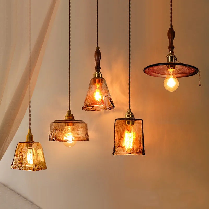 Afralia™ Wood Copper Pendant Lights, Amber Glass Japanese Style Hanging Lamp, Adjustable LED Fixtures