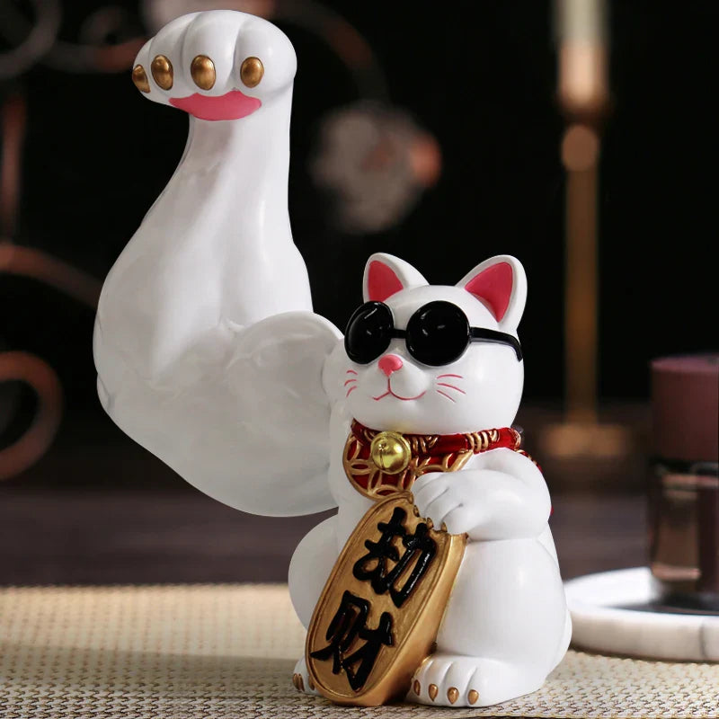 Afralia™ Lucky Cat Figurine: Creative Muscle Arm Feng Shui Animal Decor for Home, Office, Shop