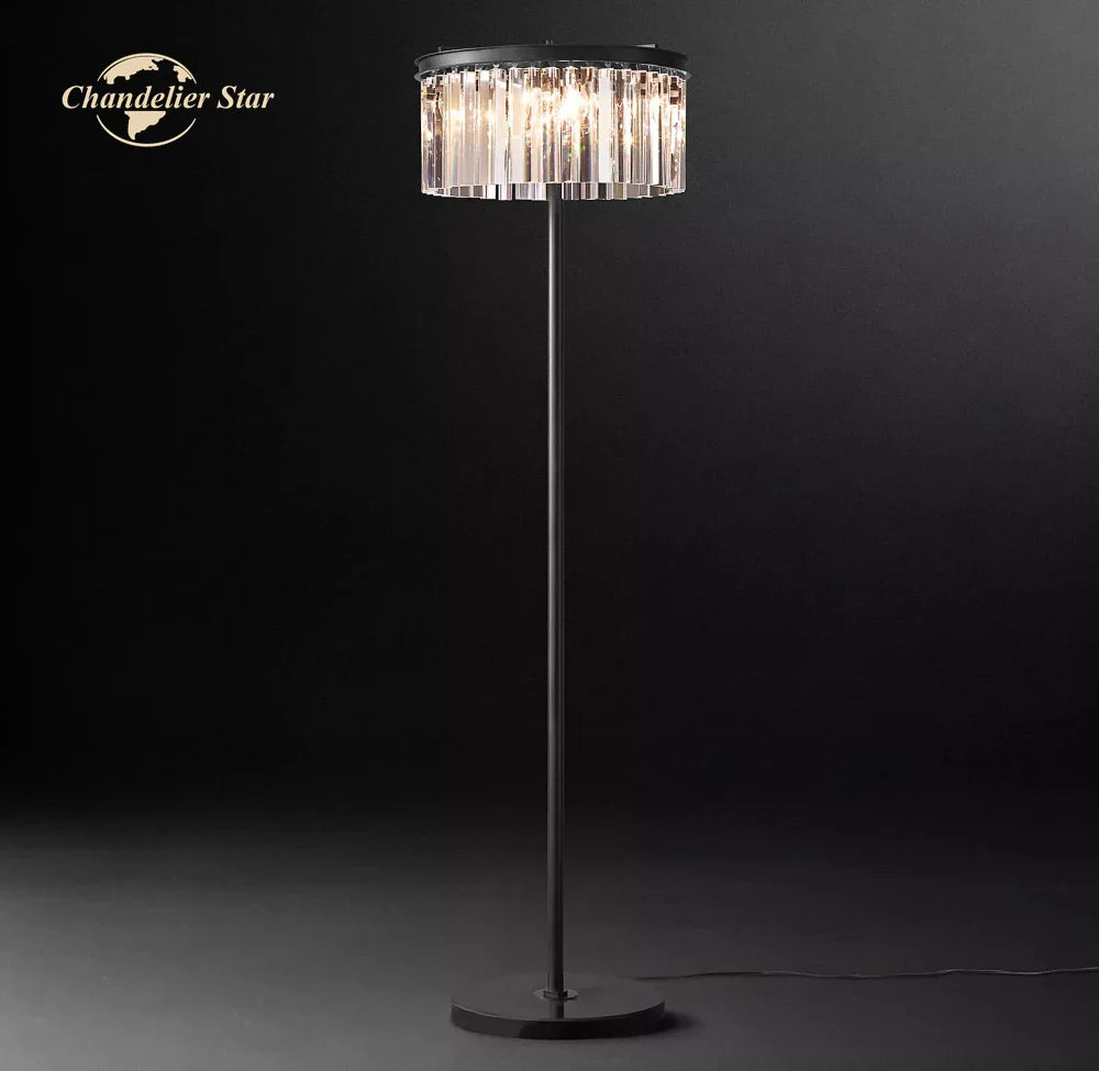 Afralia™ Industrial Crystal LED Floor Lamp Chrome Black Metal Standing Light