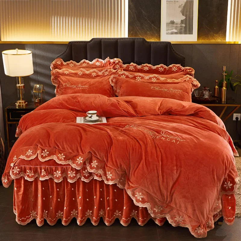 Afralia™ Velvet Bedding Set with Gold Embroidery & Ruffles