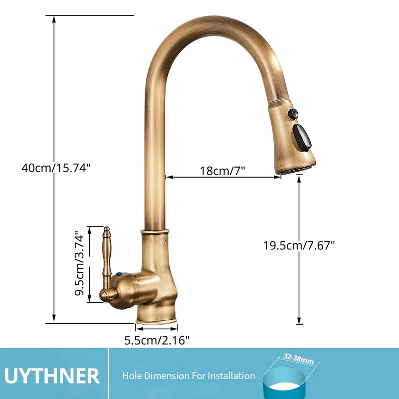 Afralia™ Antique Brass Kitchen Faucet Pull Out Single Handle Mixer Tap 360 Rotation