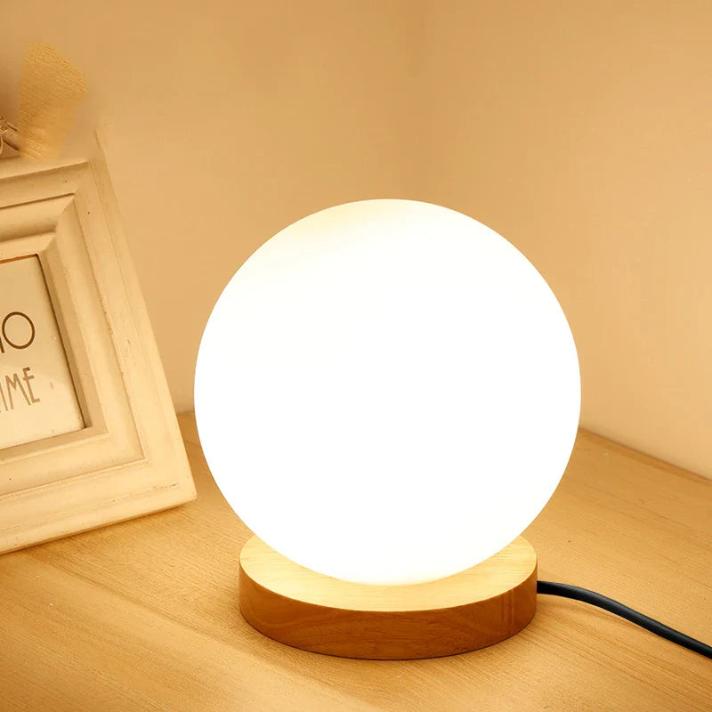 Afralia™ Glass Ball LED Table Lamp Wooden Round Desk Night Light
