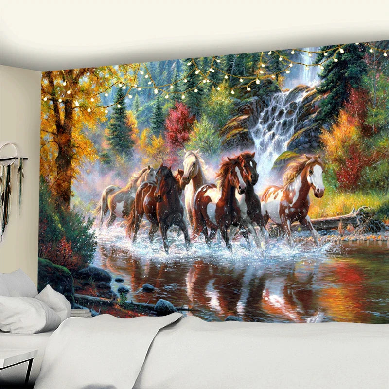 Afralia™ Galloping Horse Tapestry Wall Hanging Ink Painting Boho Nature Decor