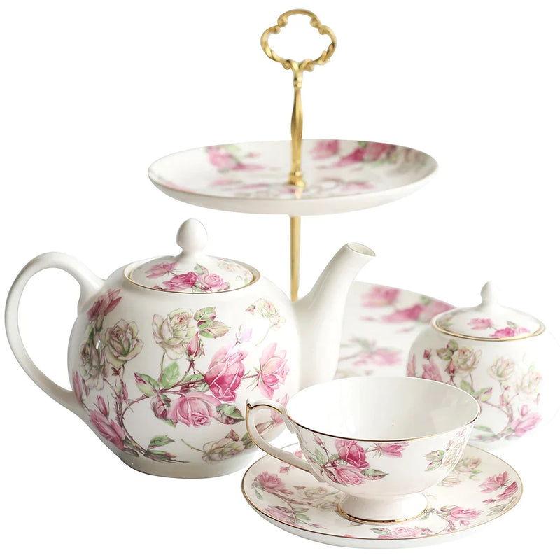 Afralia™ Royal Rose Tea Set: Teapot, Teacup, Saucer, Creamer, Sugar Bowl, Plate