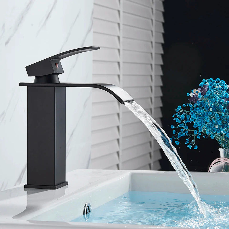 Afralia™ Black Brass Bathroom Waterfall Sink Faucet Hot&Cold Mixer Vanity Tap Deck Mounted