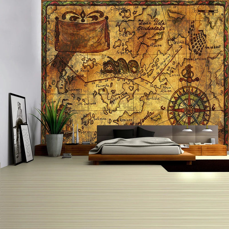 Afralia™ Nautical Chart Tapestry Pirate Treasure Map Wall Hanging Watercolor Table Cover