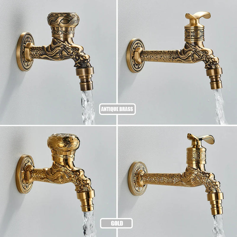 Afralia™ Dragon Carved Antique Brass Wall Mounted Faucet for Bathroom and Outdoor Use