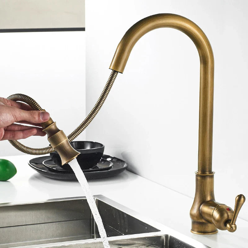 Afralia™ Antique Brass Pull Out Kitchen Faucet with Stream Sprayer Head