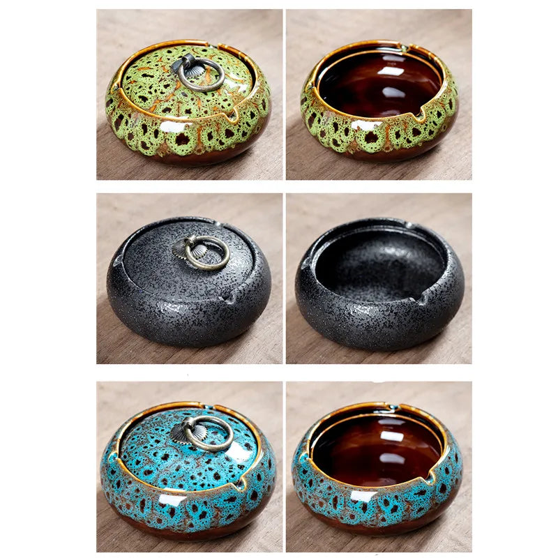 Afralia™ Ceramic Round Ashtray with Lid and Metal Handle, Desktop Cigar Holder