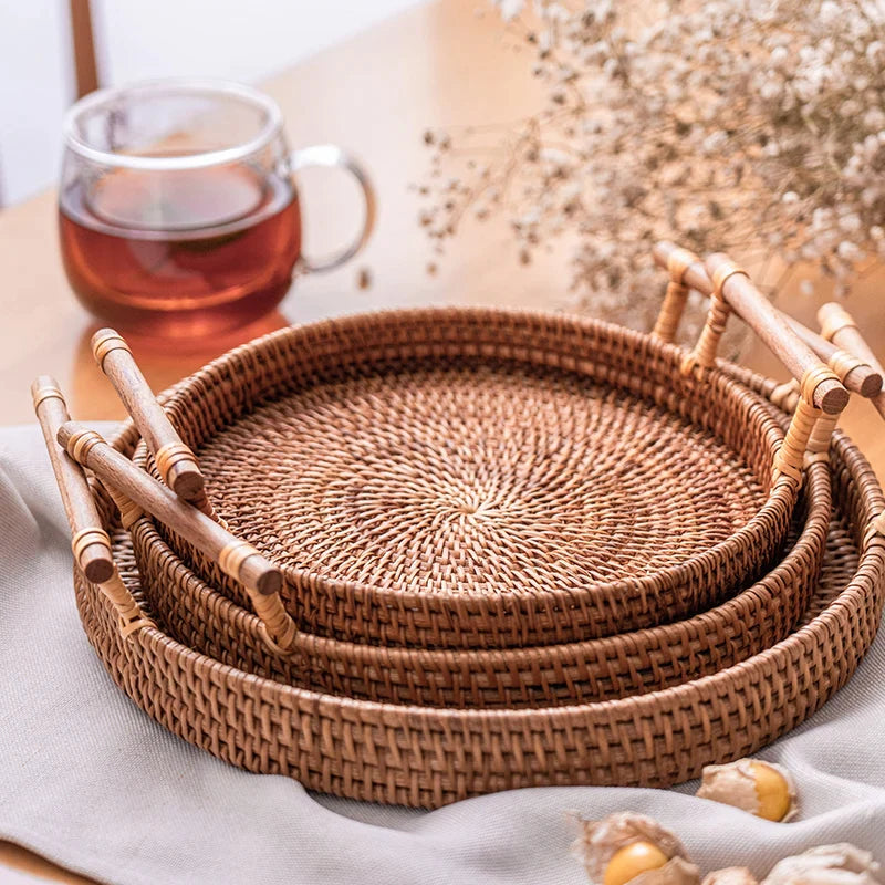 Afralia™ Round Rattan Tray with Wooden Handle for Food, Fruit, and Dinner Serving