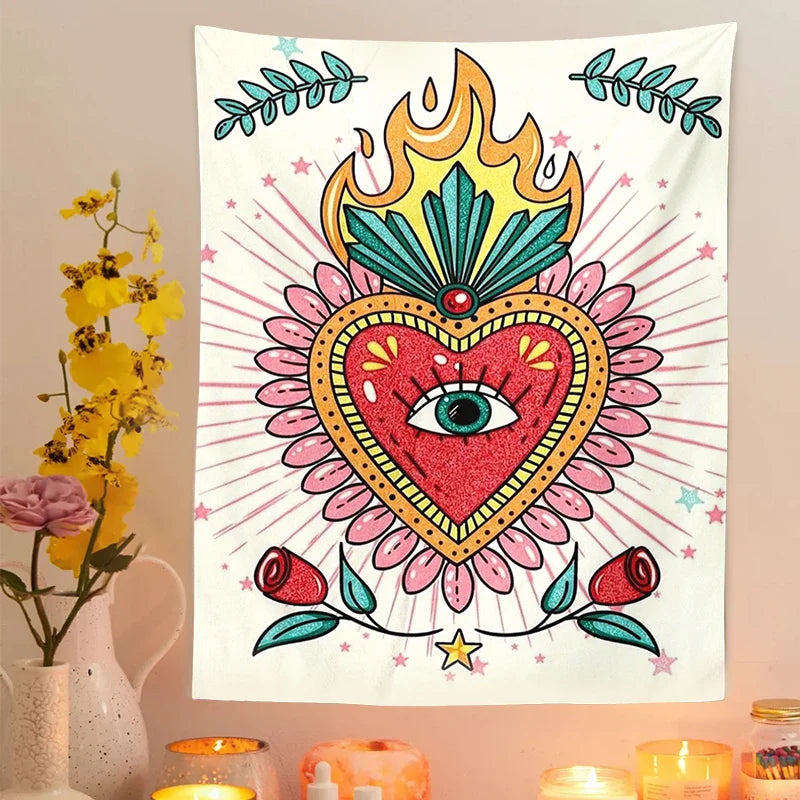 Psychedelic Floral Heart Tapestry Vintage Wall Blanket Boho Decor for Afralia™