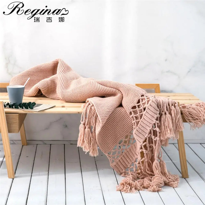 Afralia™ Tassel Hollow-out Bed Flag Runner Fluffy Chunky Knit Throw Blanket