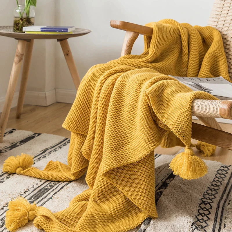 Afralia™ Knit PomPom Tassel Throw Blanket - Soft Yellow Blanket 50"x62"