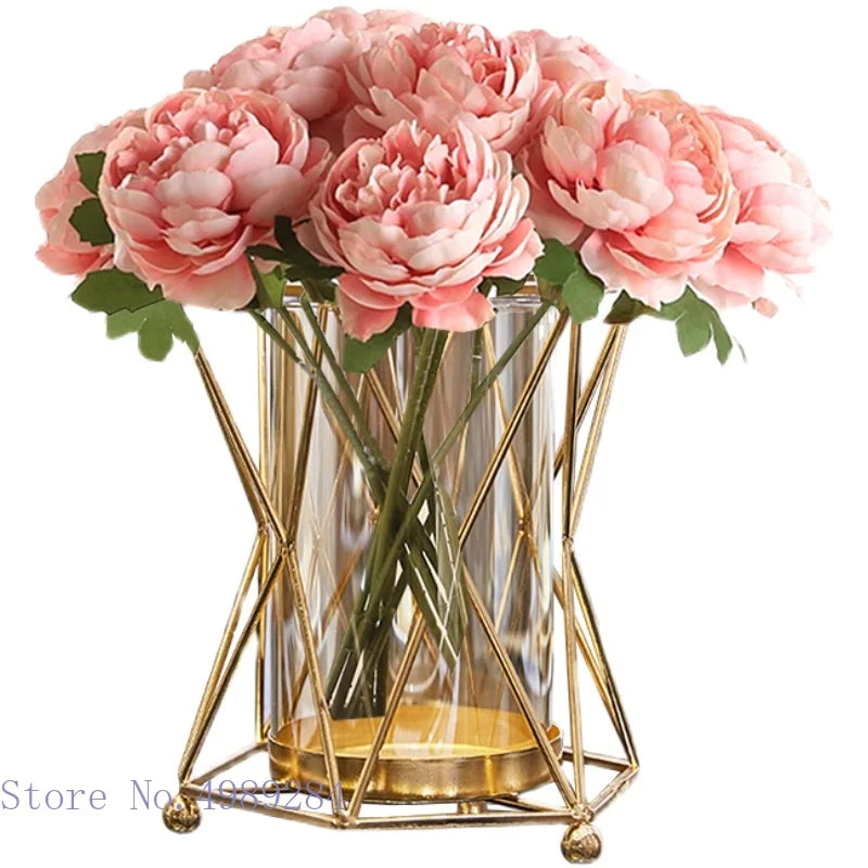 Afralia™ Glass Vase Metal Frame Geometric Flower Arrangement Wedding Decor