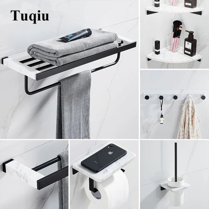 Afralia™ Marble & Brass Bathroom Set: Shelf, Towel Rack, Paper Holder, Toilet Brush Holder