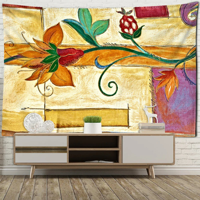 Yellow Flowers Ink Tapestry Wall Mount Bohemian Style by Afralia™ - Mandala Witchcraft Decor