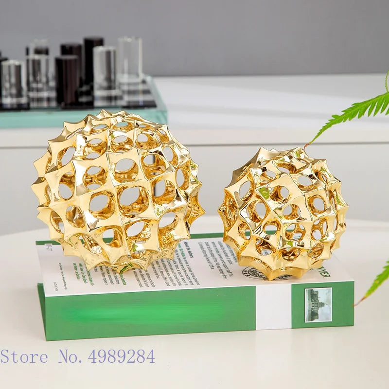 Afralia™ Golden Metal Hollow Ball Spike Abstract Ornament Home Decor