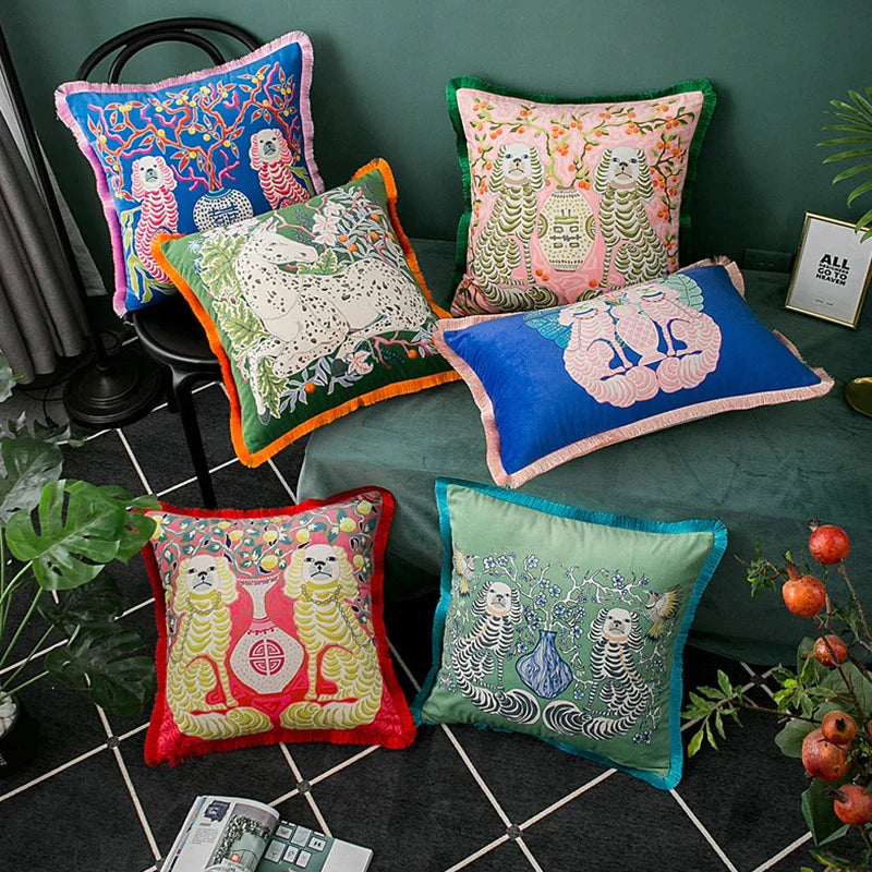 Afralia™ Oriental Mystical Animals Print Velvet Cushion Cover with Tassels