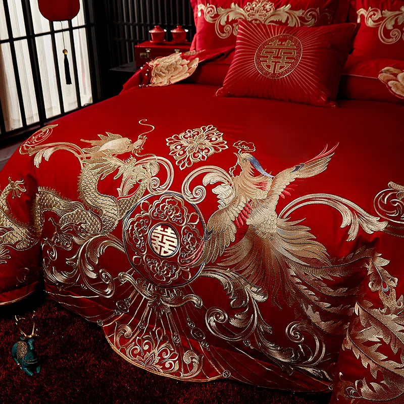 Afralia™ Red Chinese Wedding Gold Phoenix Embroidery Bedding Set, 100% Cotton