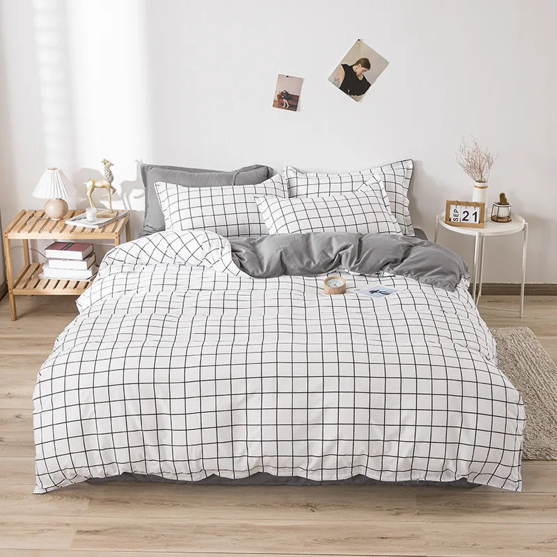 Afralia™ Line Block Print Bedding Set, Duvet Cover with Sheet Pillowcases, Single Double Bed
