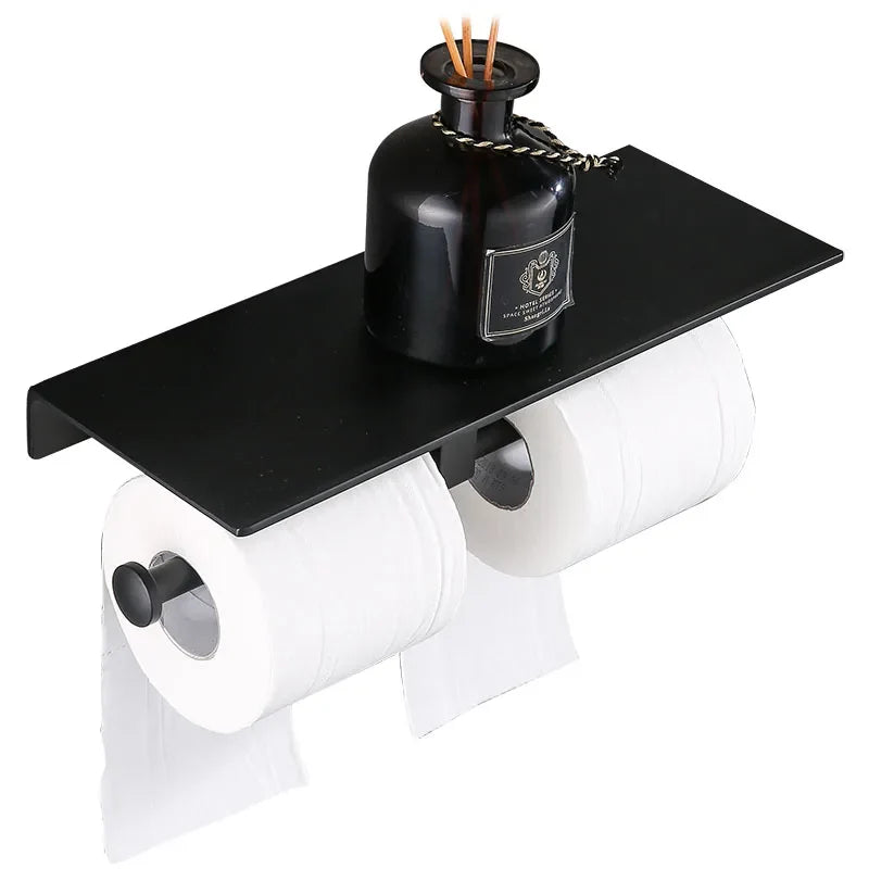 Afralia™ Black Aluminum Toilet Paper Holder with Phone Shelf & Double Roll Tissue Boxes