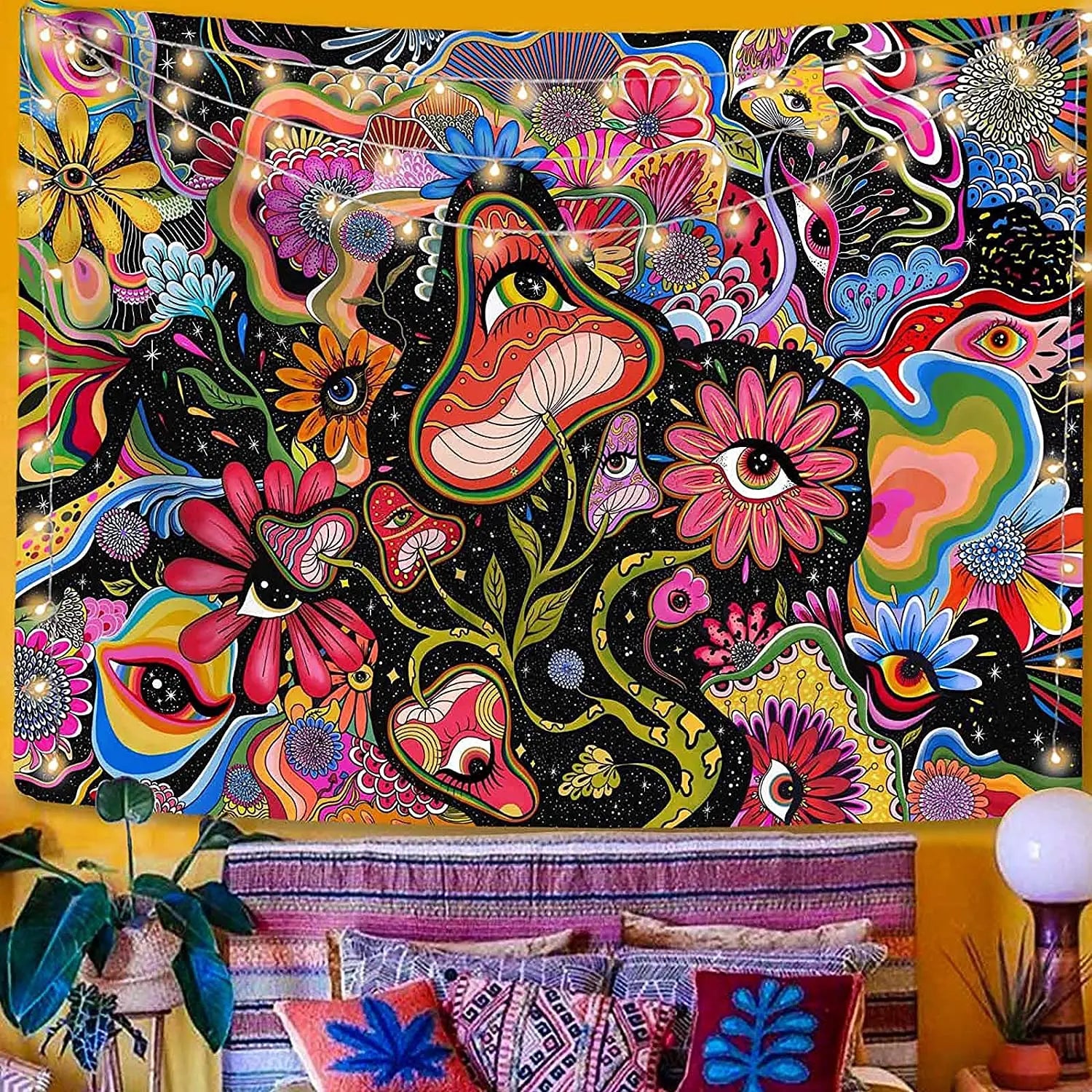 Psychedelic Mushroom Trippy Tapestry for Colorful Hippy Wall Art Decor by Afralia™