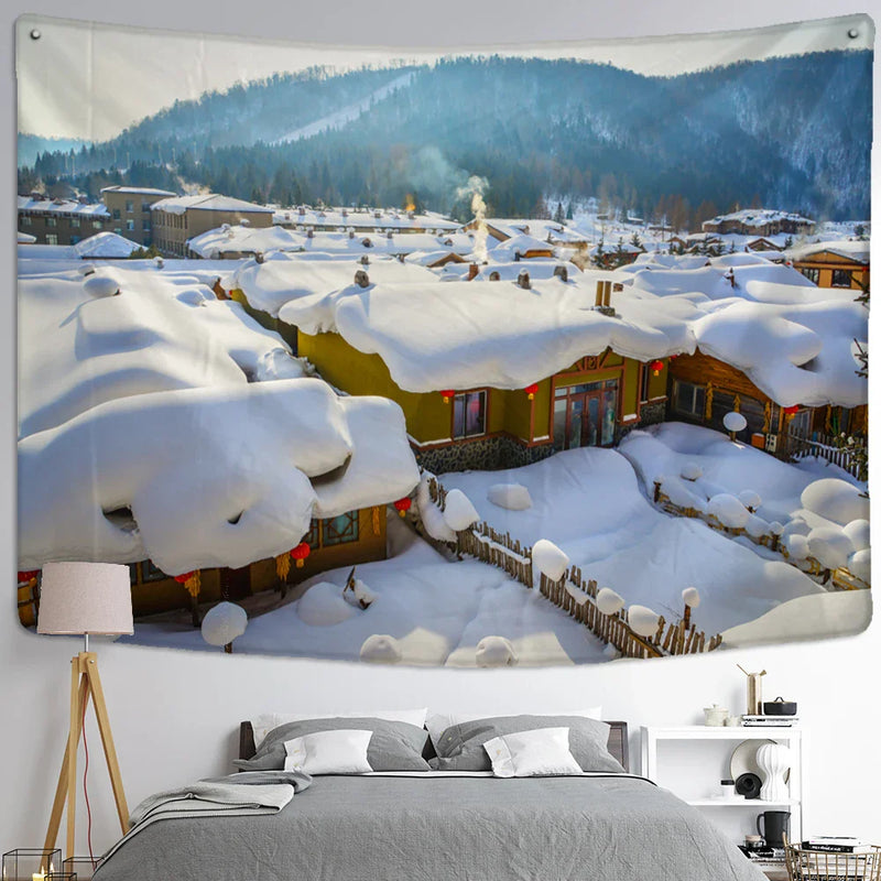 Afralia™ Christmas Snow House Tapestry Wall Hanging Landscape Art Home Decor