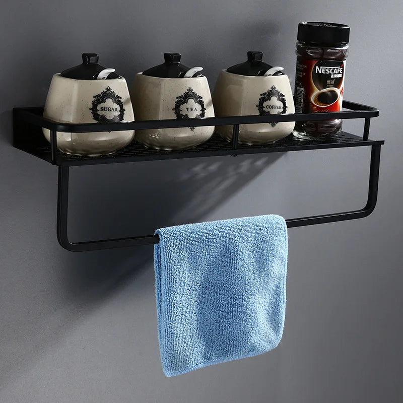 Afralia™ Black Aluminum Bathroom Shelf with Towel Bar Wall Mounted - Bath Shower Shampoo Holder