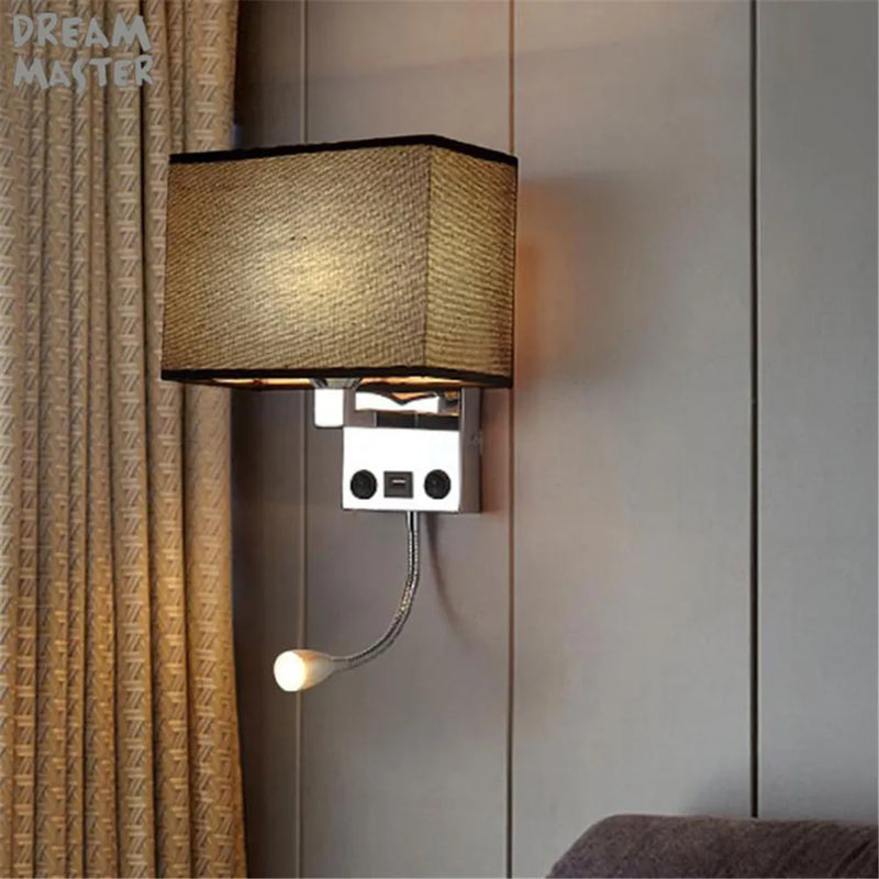 Afralia™ Fabric Shade Wall Light with LED Reading Lamp and Dual Switches