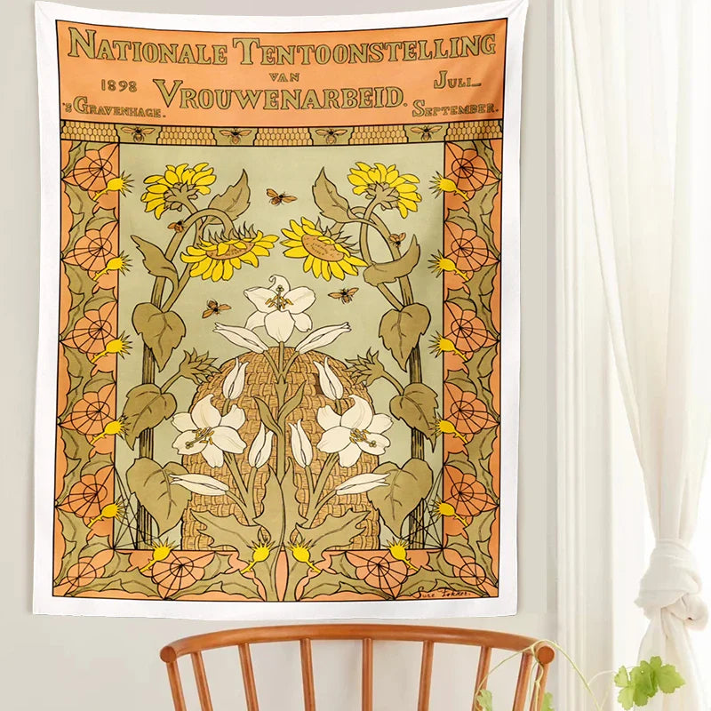 Afralia™ Vintage Flower Bee Print Botanical Tapestry Wall Hanging Reference Chart Art