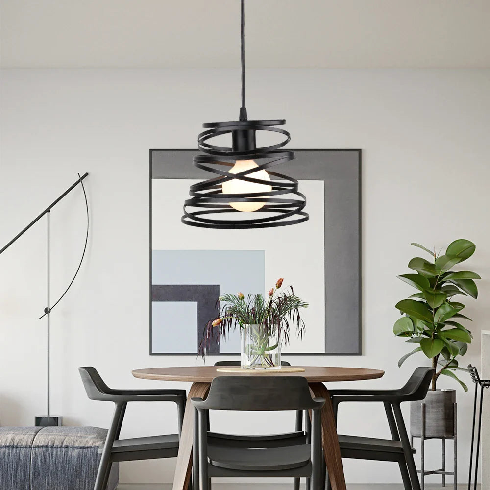 Afralia™ Swirl Spiral Pendant Light Black Iron Retro Loft Industrial Metal Cage Hanging Lamp