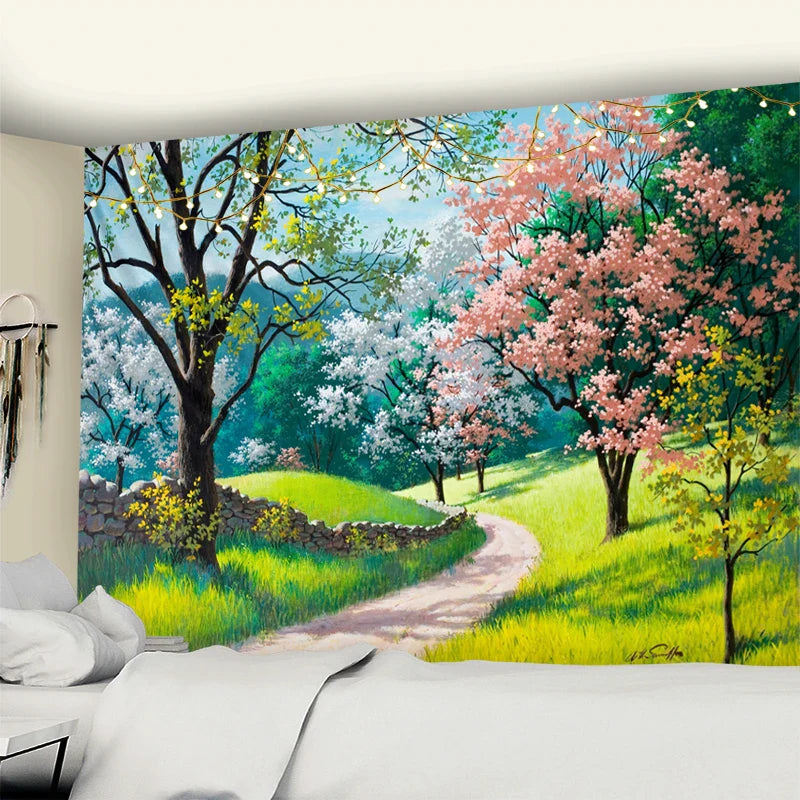 Afralia™ Peach Pear Blossom Tapestry Wall Hanging Fresh Boho Home Decor