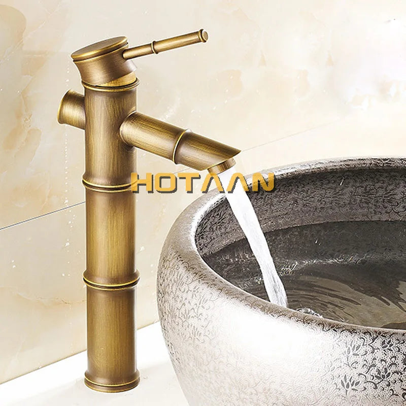 Afralia™ Antique Brass Bamboo Style Basin Faucet, Vintage Bronze Finish, Single Handle Hot/Cold Tap