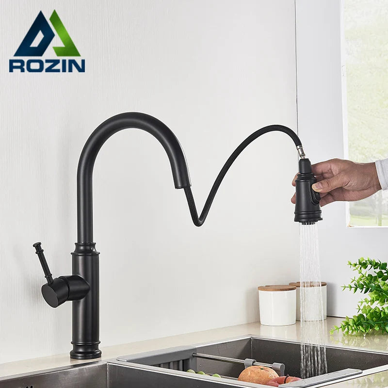 Afralia™ Matte Black Kitchen Faucet: Pull Out Dual Water Spout, 360 Rotation Hot Cold Mixer