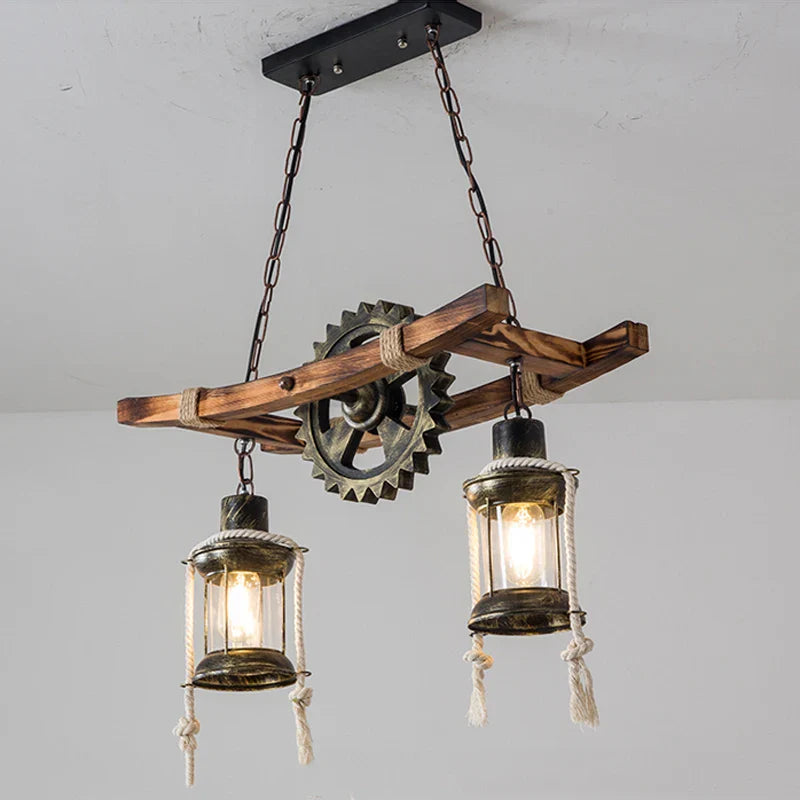 Afralia™ Vintage Wooden Glass Chandelier Pendant Lamp Industrial Hanging Light for Cafe Bar