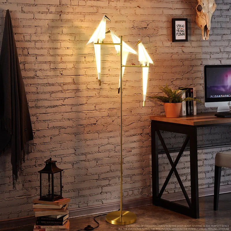Afralia™ Origami Crane Perch Gold Floor Lamp - Creative Acrylic Design for Home Decor