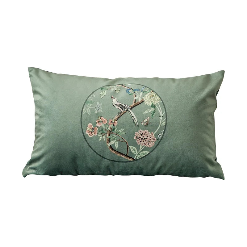 Afralia™ Chinoiserie Courtyard Bird & Flowers Print Lumbar Pillow Case - Eastern Home Decor