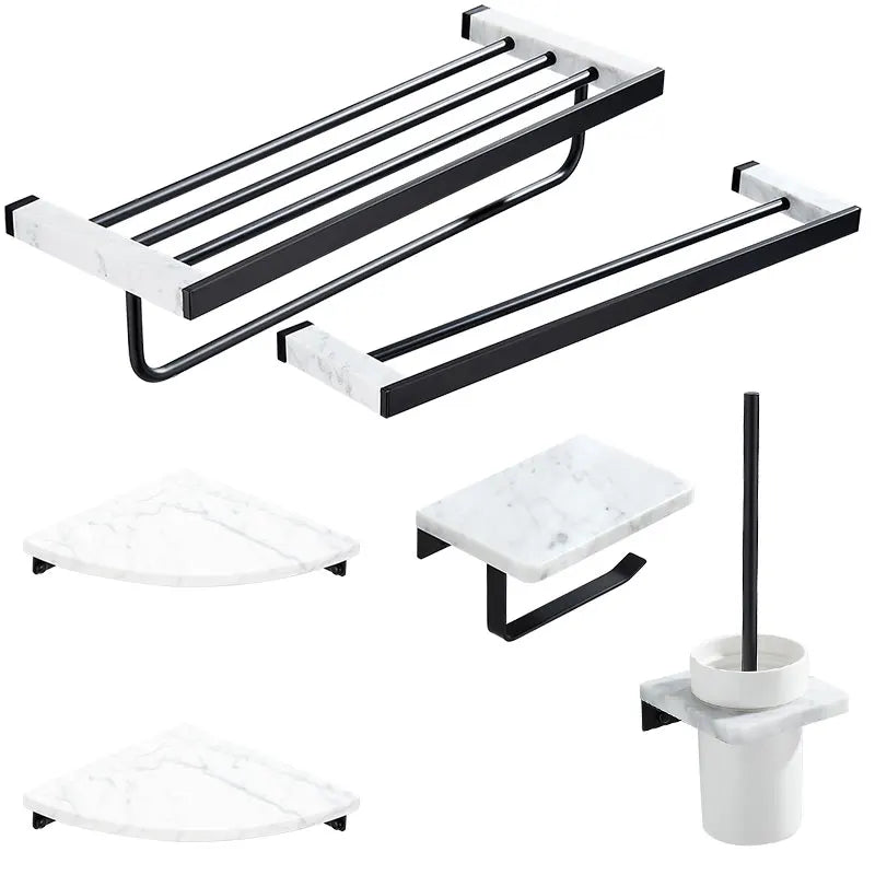 Afralia™ Marble & Brass Bathroom Set: Shelf, Towel Rack, Paper Holder, Toilet Brush Holder