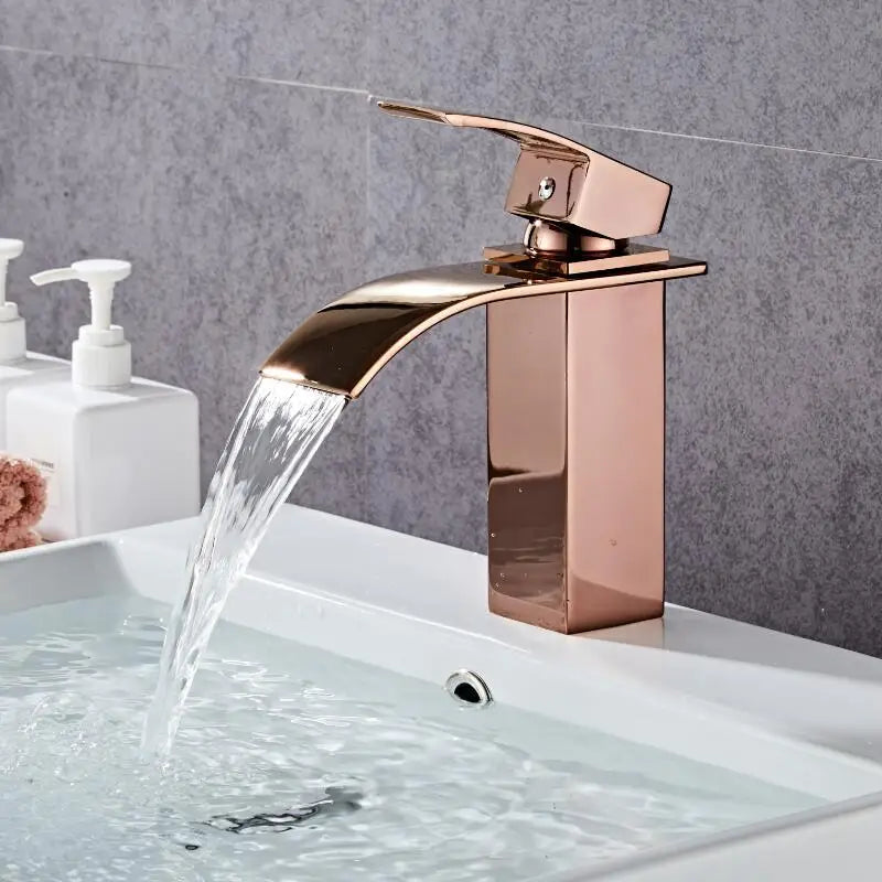 Afralia™ Rose Gold Brass Basin Faucet Waterfall Mixer Single Handle Deck Mounted