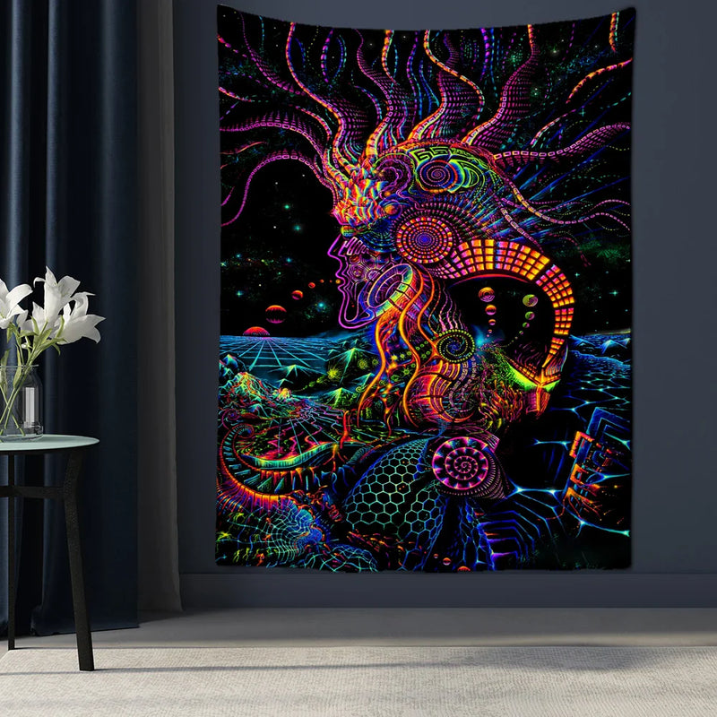 Psychedelic Fluorescent Portrait Tapestry by Afralia™ for Bohemian Home Decor