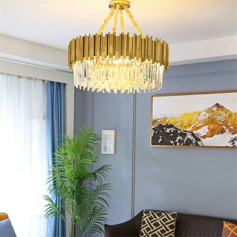 Afralia™ Golden Stainless Steel K9 Crystal Chandelier for Elegant Dining Room Lighting